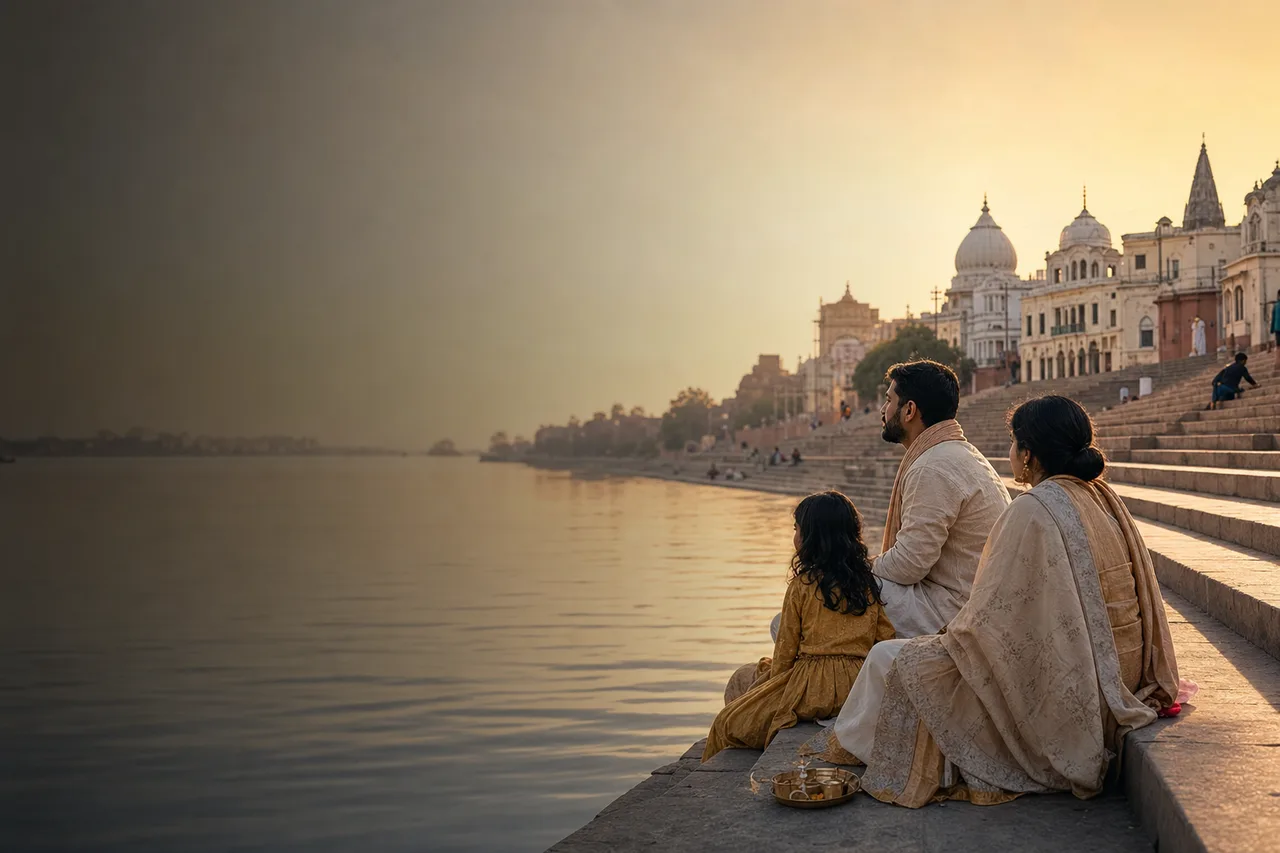 Pilgrims pausing peacefully on Saryu ghat at golden hour
