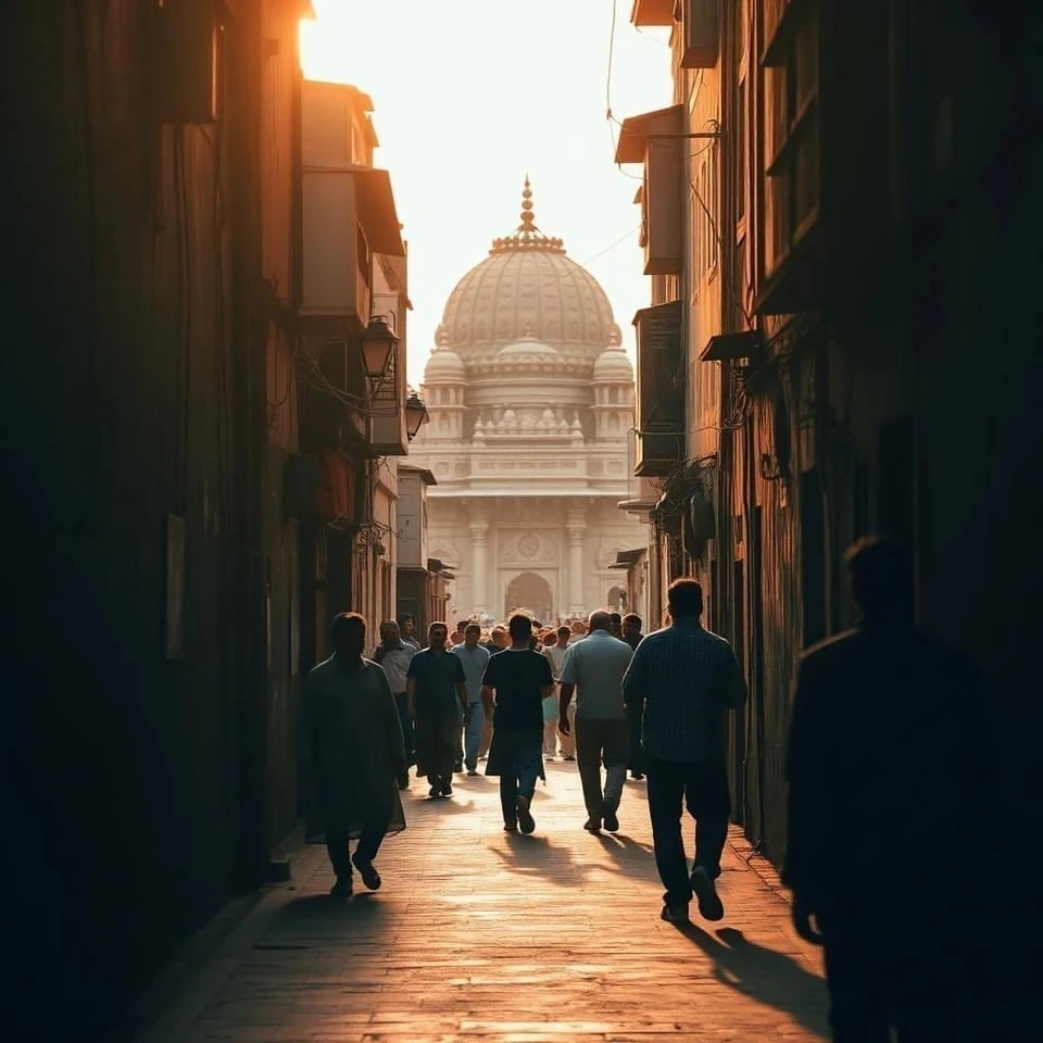 A narrow historic lane in Ayodhya, quiet in the early morning light