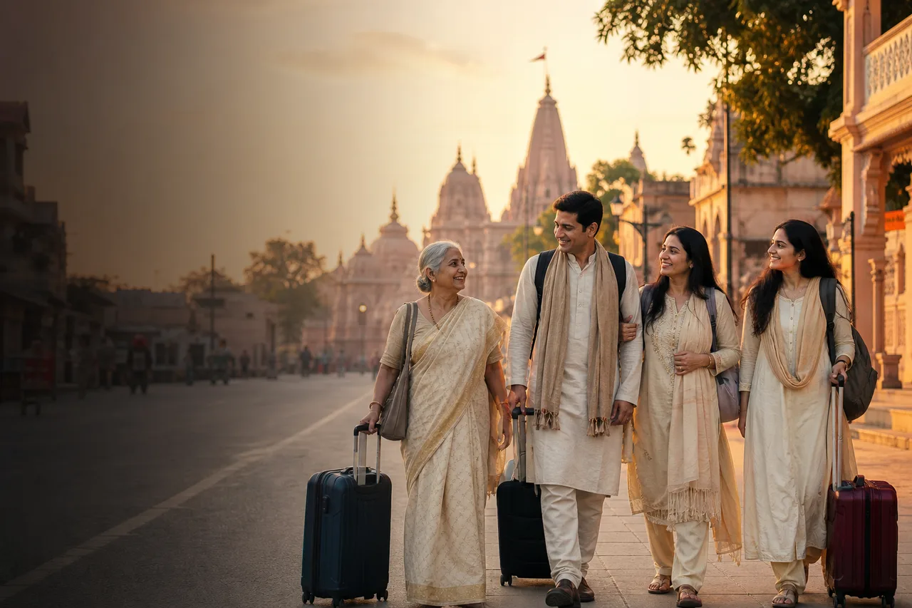 Overseas Indian family arriving in Ayodhya with luggage to begin their pilgrimage
