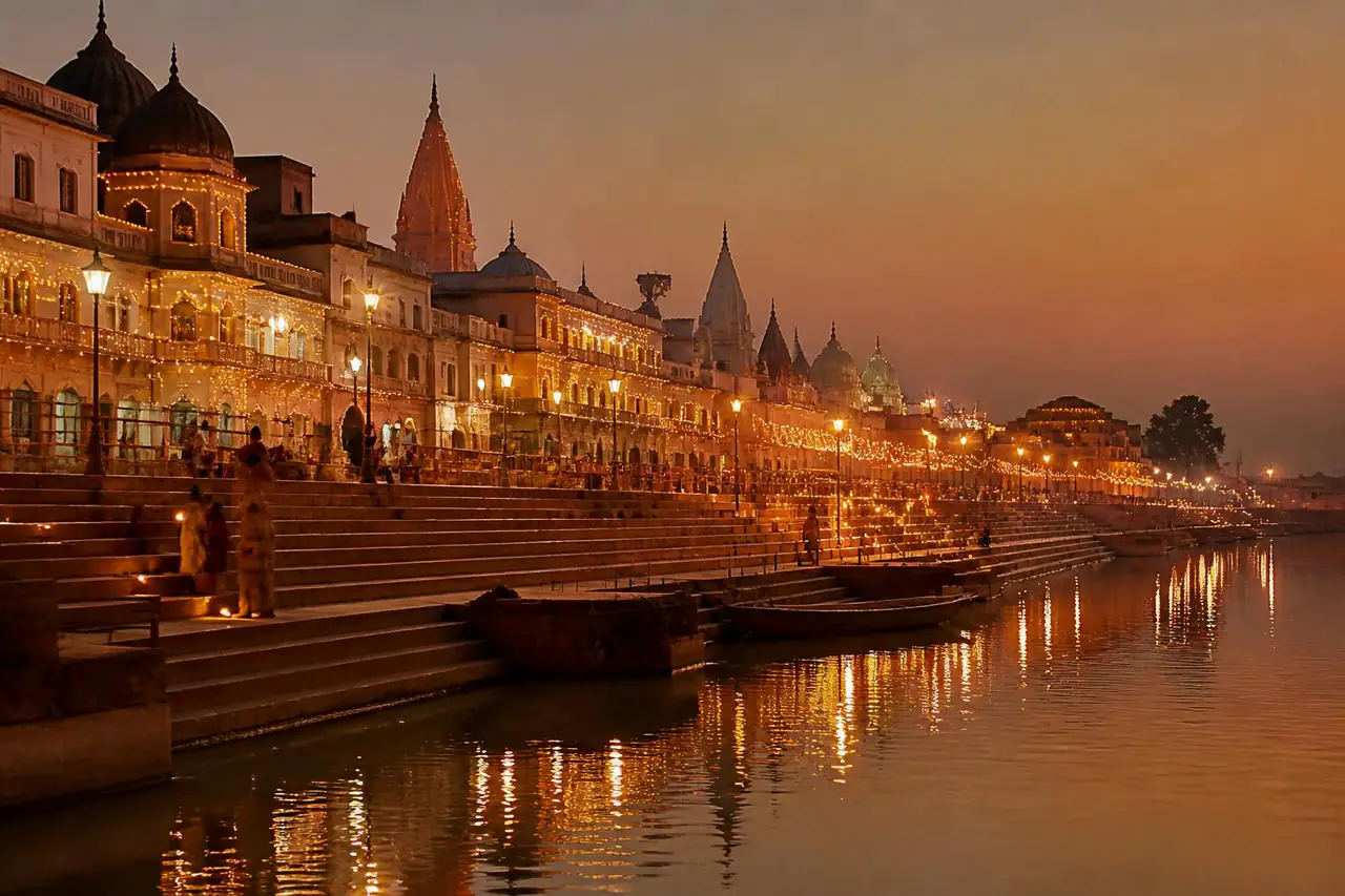 Evening light on the stone steps of Ram Ki Paidi beside the Saryu River