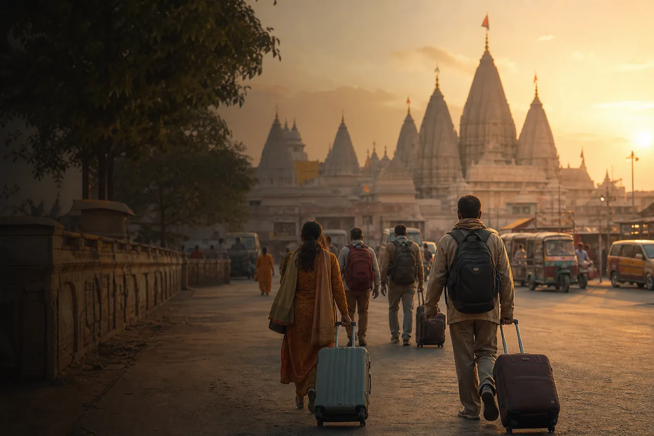 Travelers with luggage walking toward Ayodhya temple spires at arrival