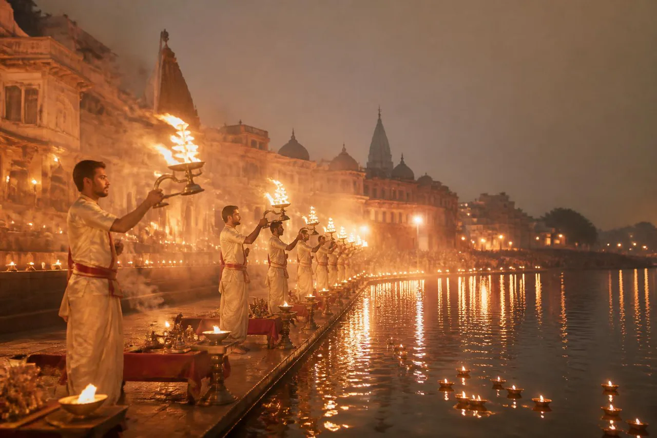 Saryu River aarti lamps during festival evening in Ayodhya