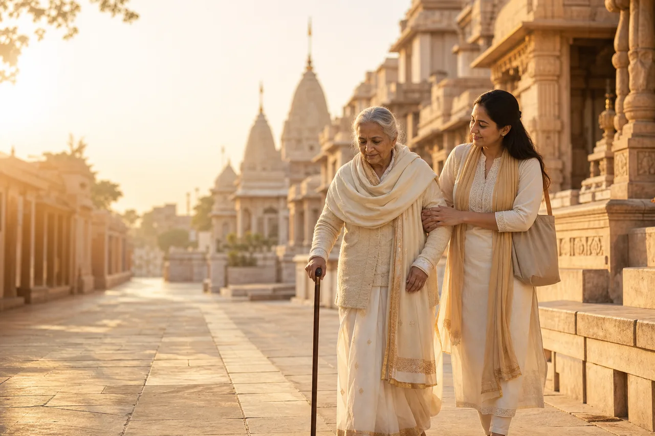 A daughter gently supporting her elderly mother on a slow pilgrimage walk in Ayodhya